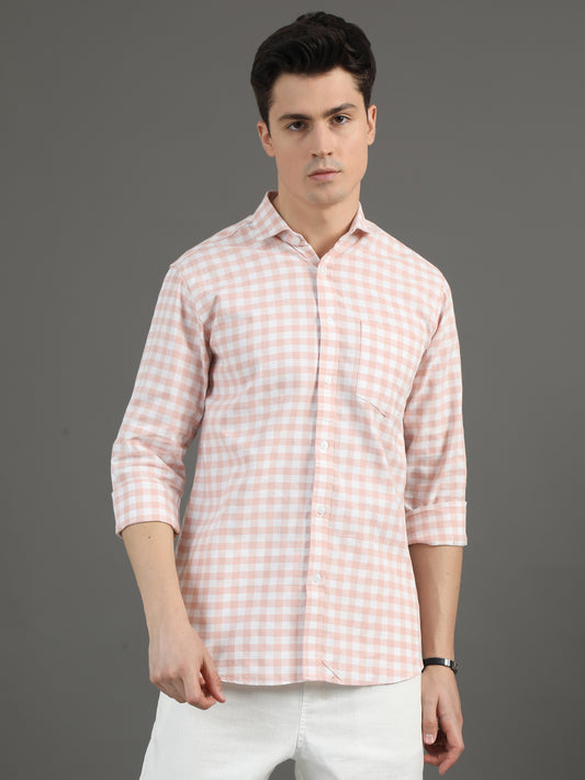 2Dudes Checks Peach Full Sleeves Collor Neck Cotton Shirt