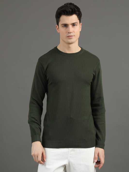 2Dudes Solid Olive Green Full Sleeves Round Neck Cotton T-shirt