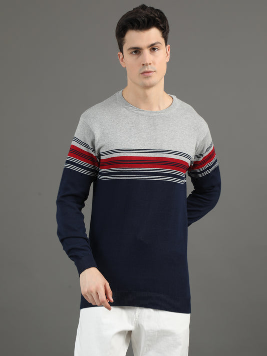 2Dudes Striped Blue/Grey Full Sleeves Round Neck Cotton T-shirt