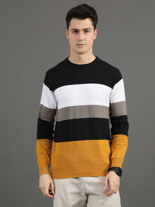 2Dudes Striped Mustard/Black Full Sleeves Round Neck Cotton T-shirt
