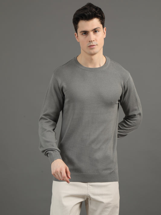 2Dudes Solid Grey Full Sleeves Round Neck Cotton T-shirt