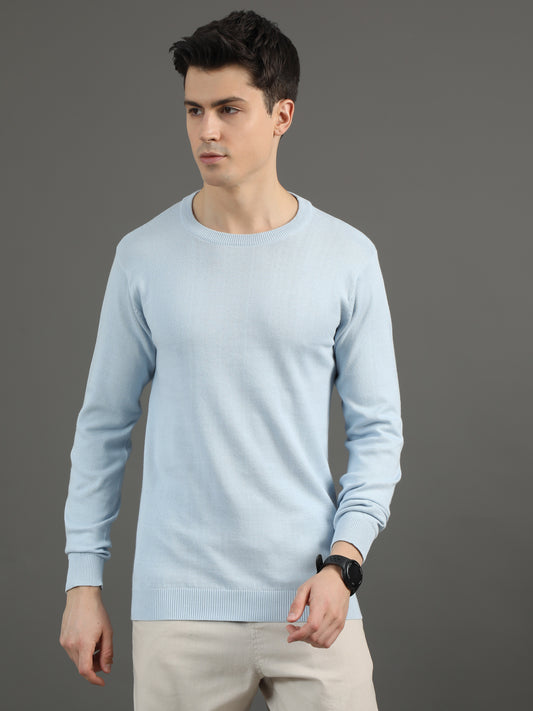 2Dudes Solid Ice Blue Full Sleeves Round Neck Cotton T-shirt