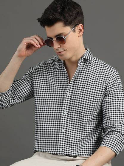 2Dudes Checks Black/White Full Sleeves Collor Neck Cotton Shirt
