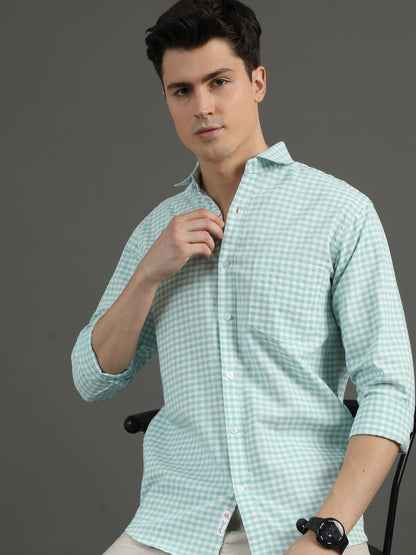 2Dudes Checks Green/White Full Sleeves Collor Neck Cotton Shirt