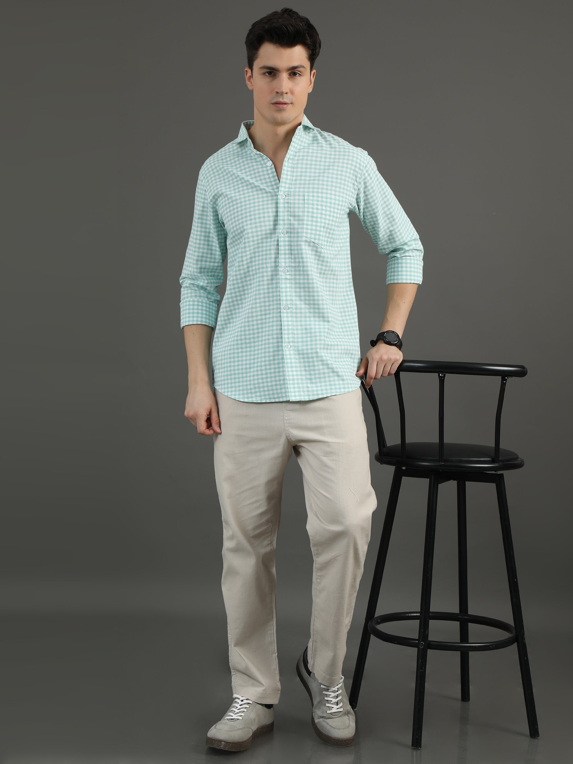 2Dudes Checks Green/White Full Sleeves Collor Neck Cotton Shirt