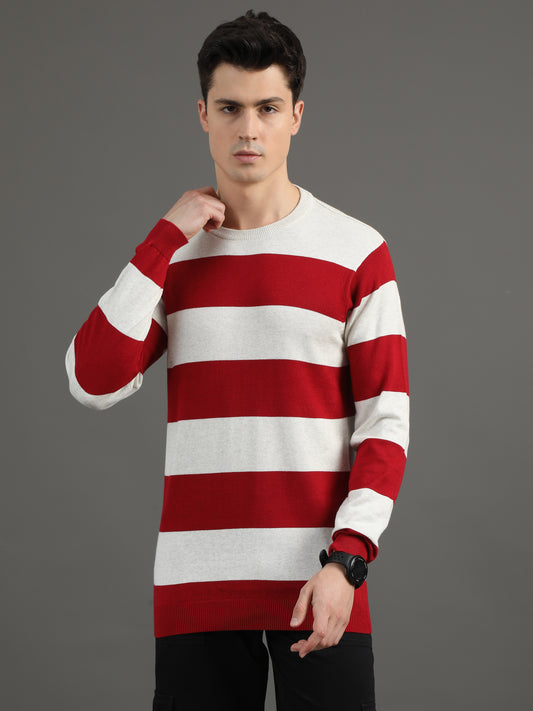 2Dudes Striped Red/White Full Sleeves Round Neck Cotton T-shirt