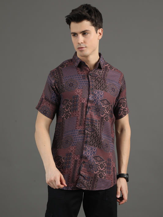 2Dudes Printed Brown/Grey Full Sleeves Collor Neck Cotton Shirt