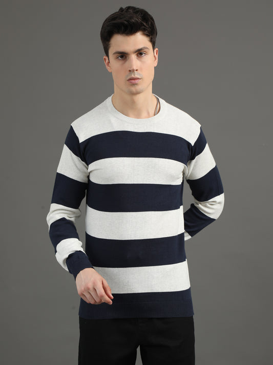 2Dudes Striped Blue/White Full Sleeves Round Neck Cotton T-shirt