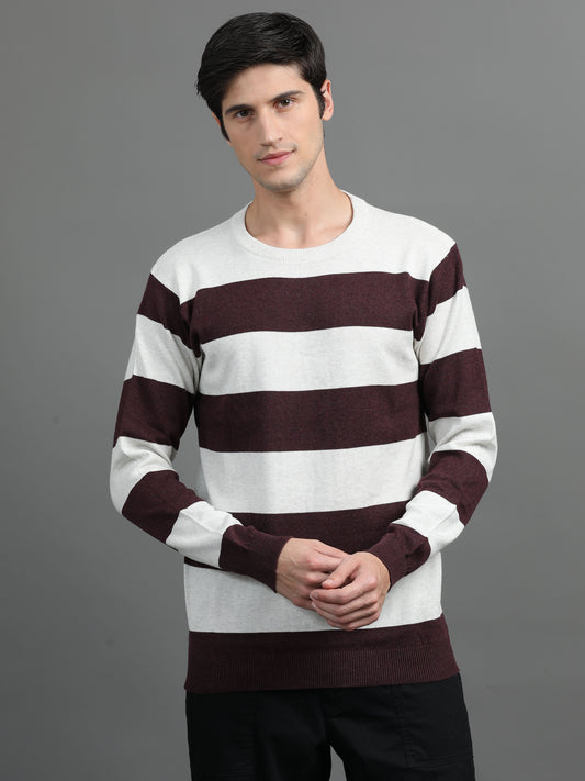 2Dudes Stripe White/Brown Full Sleeves Round Neck Cotton T-shirt