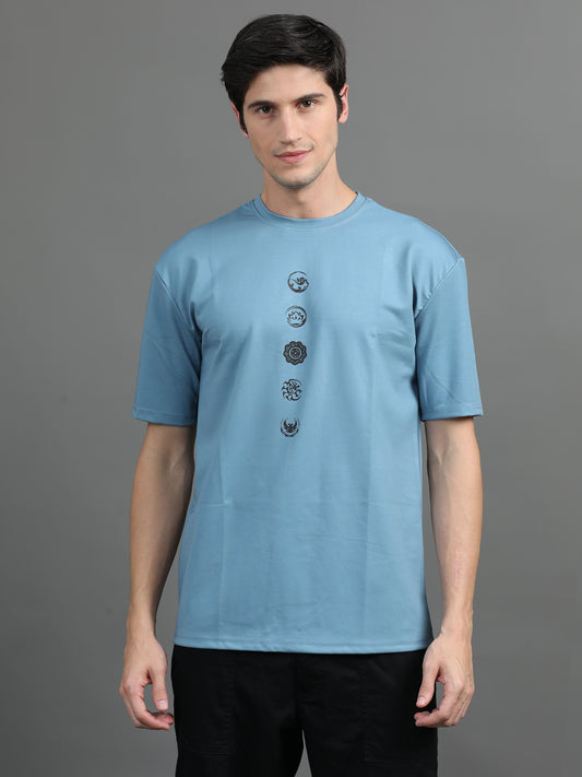 2Dudes Printed Sky Blue Half Sleeves Round Neck Tensil T-shirt