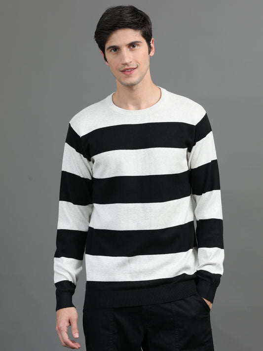 2Dudes Stripe Black/White Full Sleeves Round Neck Cotton T-shirt