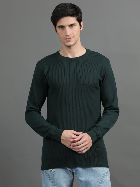 2Dudes Solid Bottle Green Full Sleeves Round Neck Cotton T-shirt
