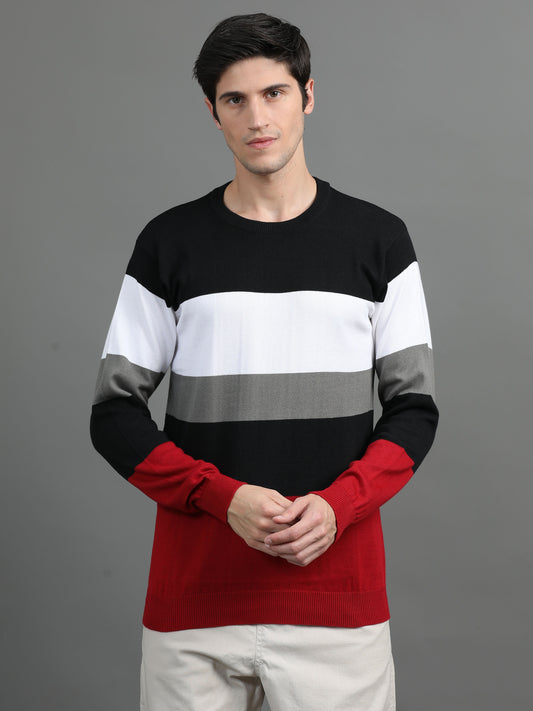 2Dudes Striped Black/Red Full Sleeves Round Neck Cotton T-shirt