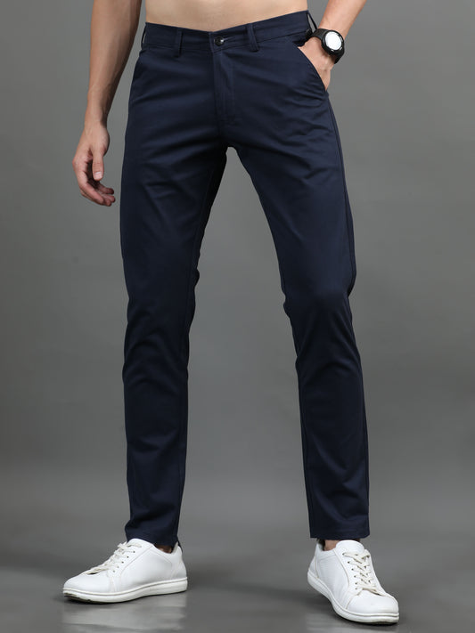 2Dudes Solid Navy Blue Slim fit Cotton Trouser
