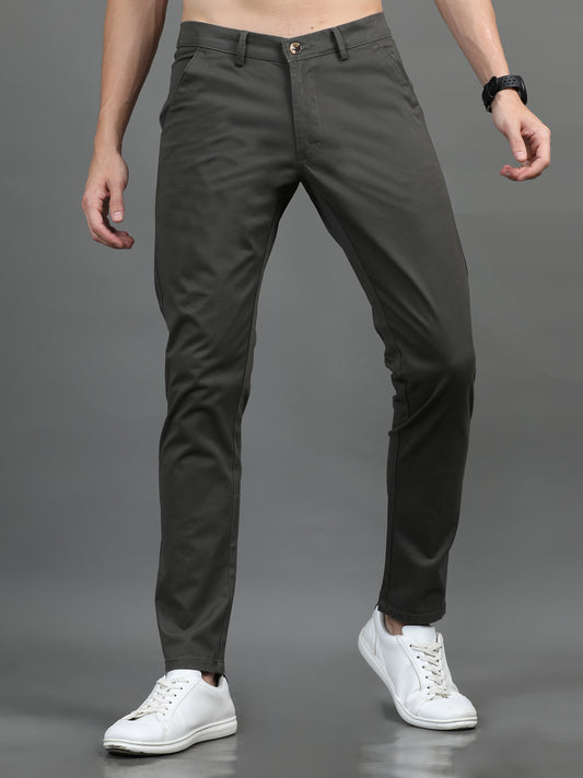 2Dudes Solid Dark Olive Slim fit Cotton Trouser