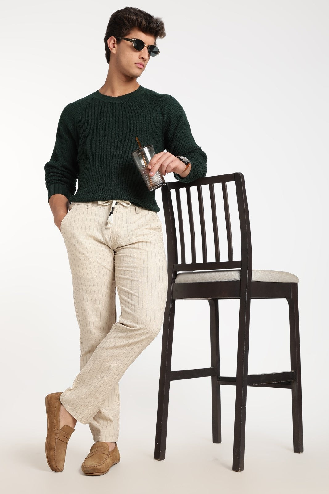 Cream Pinstripe Linen Drawstring Trousers