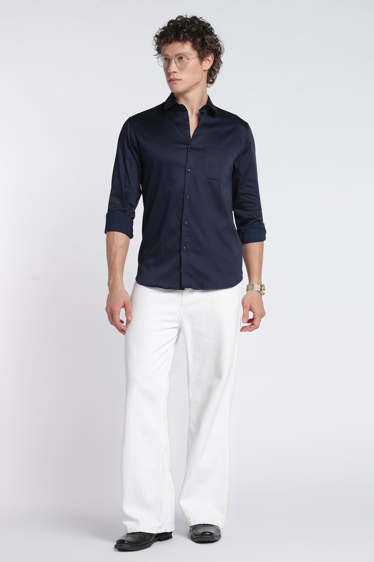 Men's Navy Satin Shirt – Full Sleeve Regular Fit Stretch Shirt | 2dudes