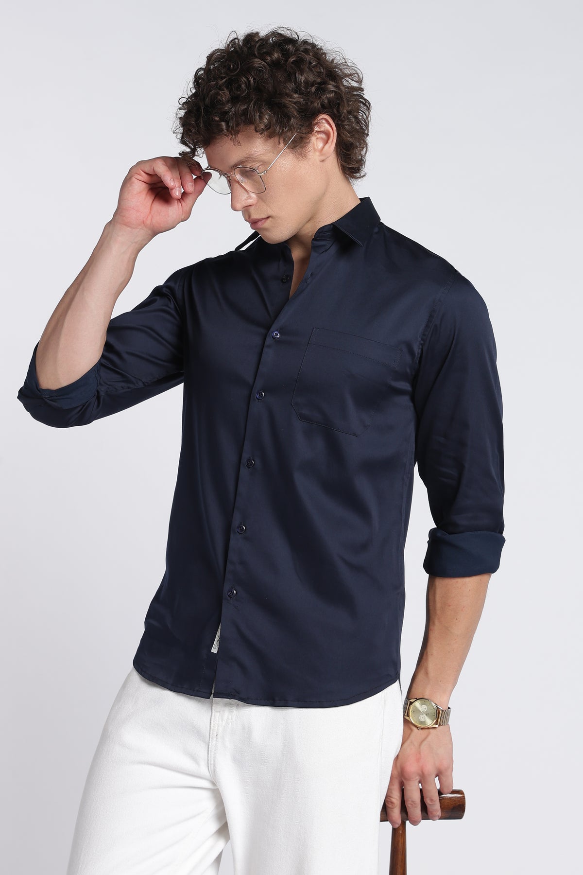 Men's Navy Satin Shirt – Full Sleeve Regular Fit Stretch Shirt | 2dudes