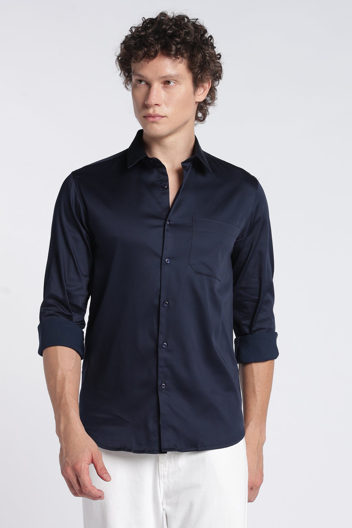 Men's Navy Satin Shirt – Full Sleeve Regular Fit Stretch Shirt | 2dudes