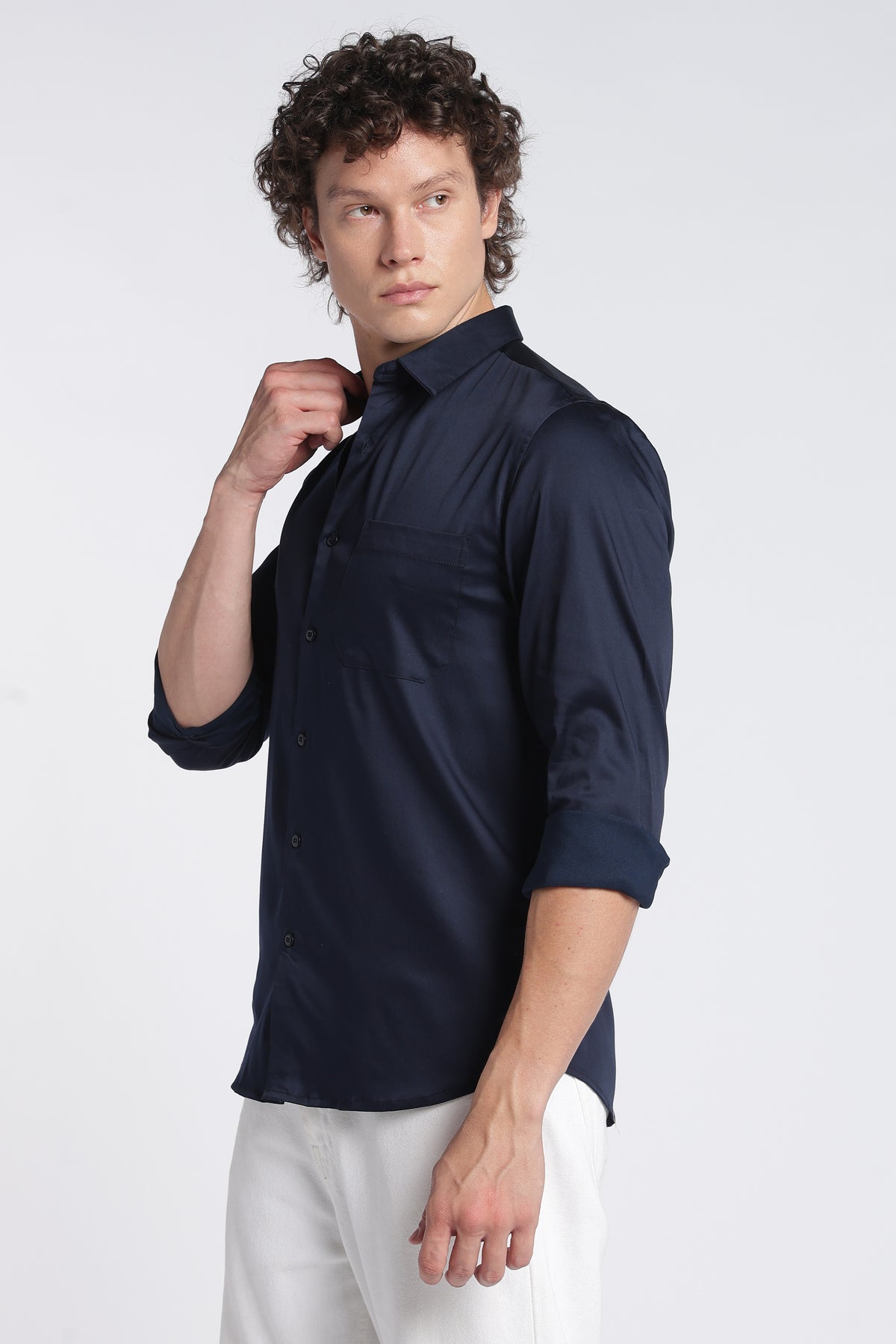 Men's Navy Satin Shirt – Full Sleeve Regular Fit Stretch Shirt | 2dudes
