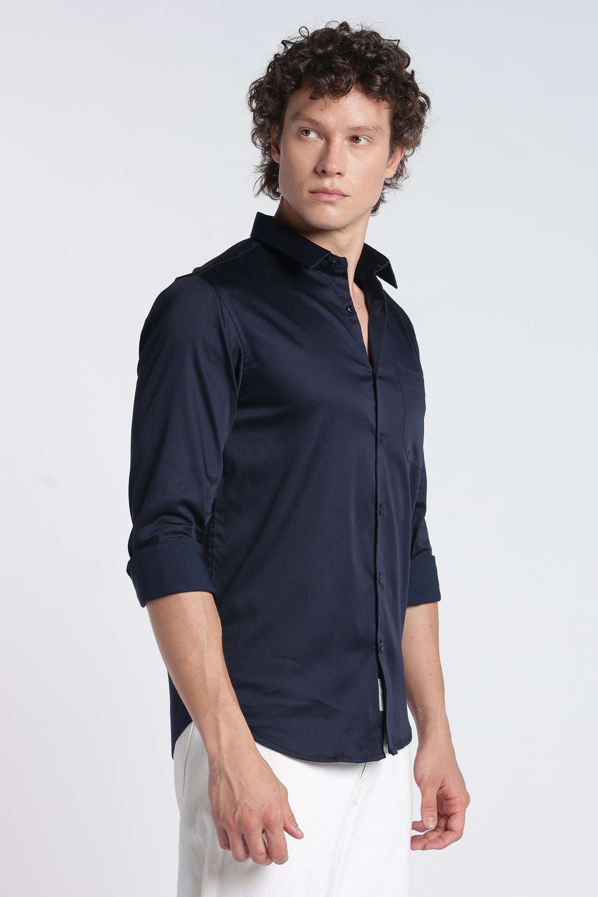 Men's Navy Satin Shirt – Full Sleeve Regular Fit Stretch Shirt | 2dudes