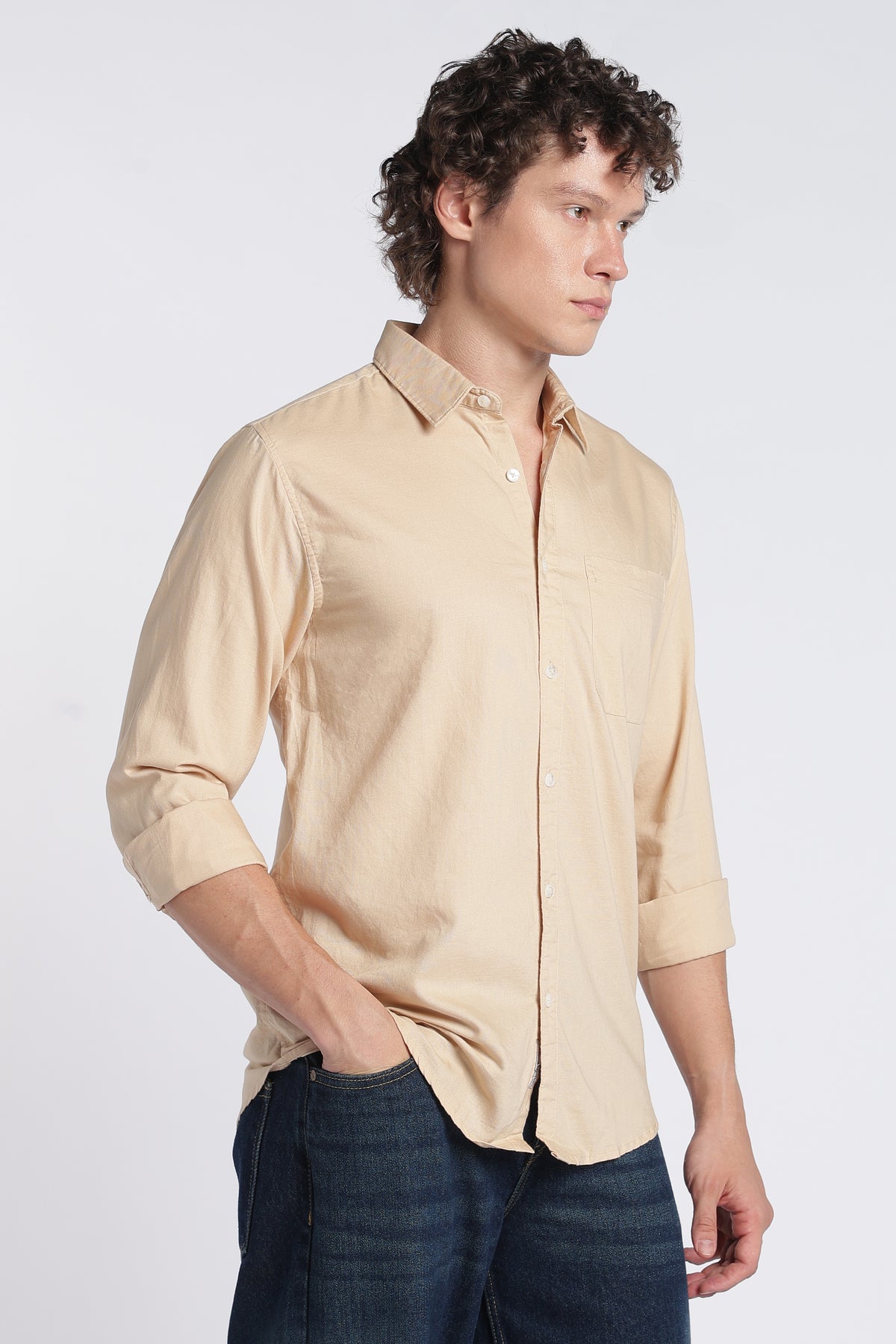 Side view of 2DUDES men's light brown shirt