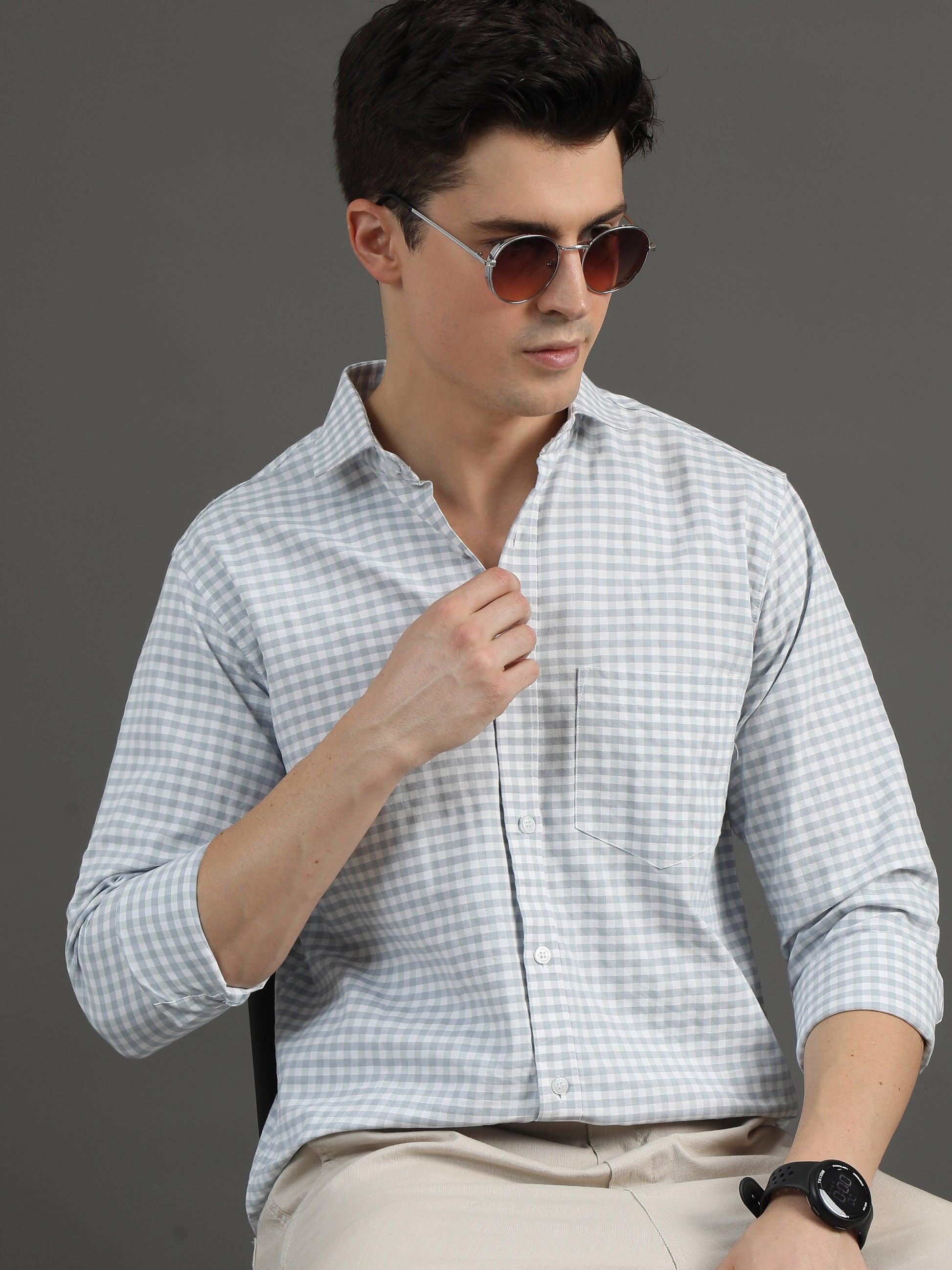 2Dudes Checks Grey/White Full Sleeves Collor Neck Cotton Shirt