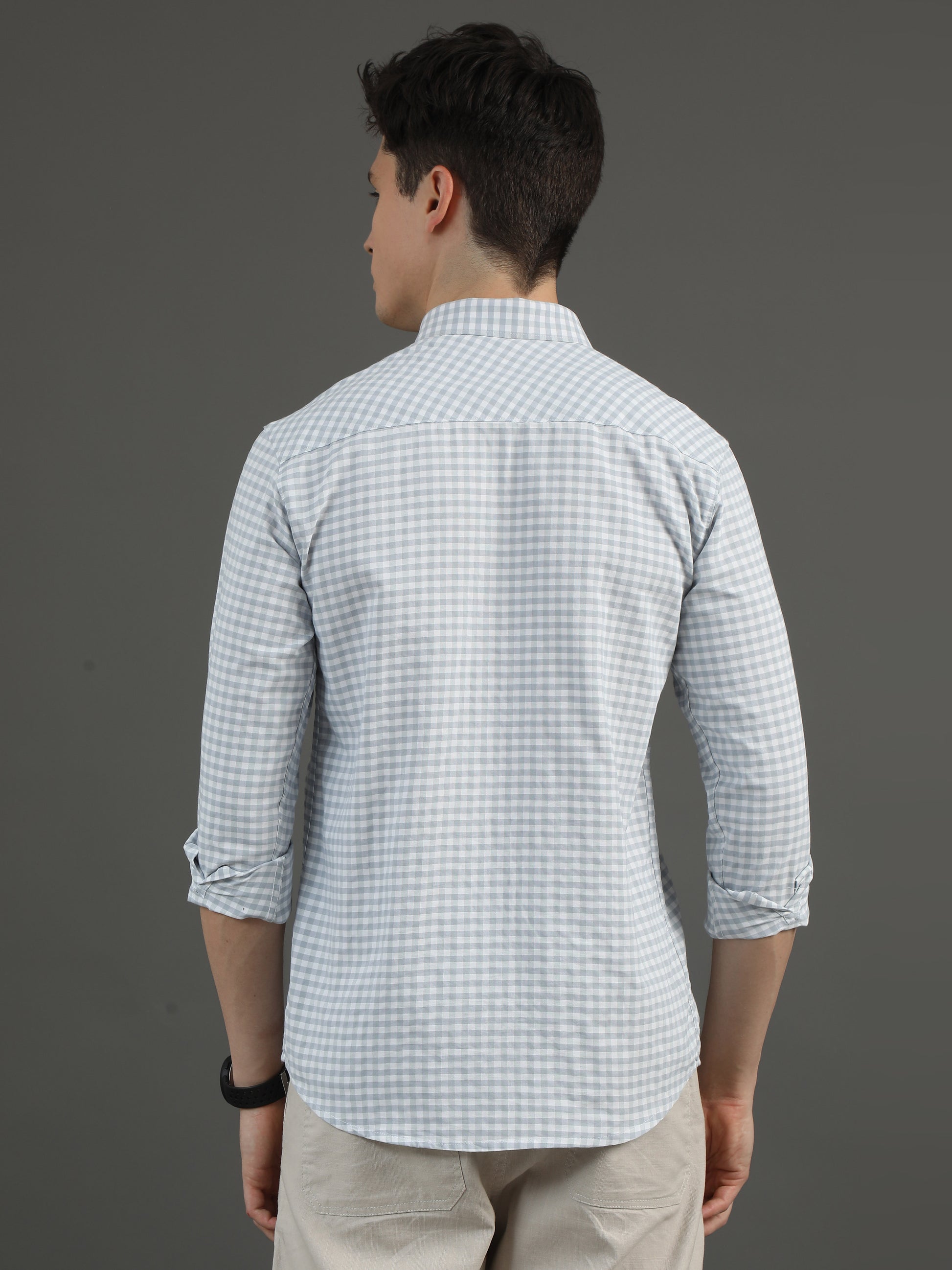 2Dudes Checks Grey/White Full Sleeves Collor Neck Cotton Shirt