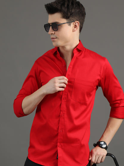 2Dudes Solid Ruby Red Full Sleeves Round Collor Cotton Shirt