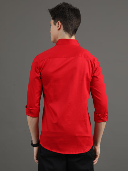 2Dudes Solid Ruby Red Full Sleeves Round Collor Cotton Shirt