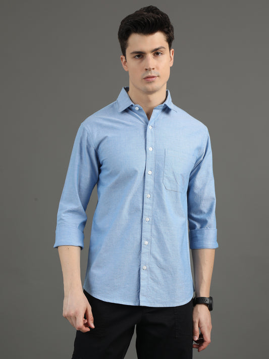 2Dudes Solid Blue Full Sleeves Collor Neck Cotton Shirt