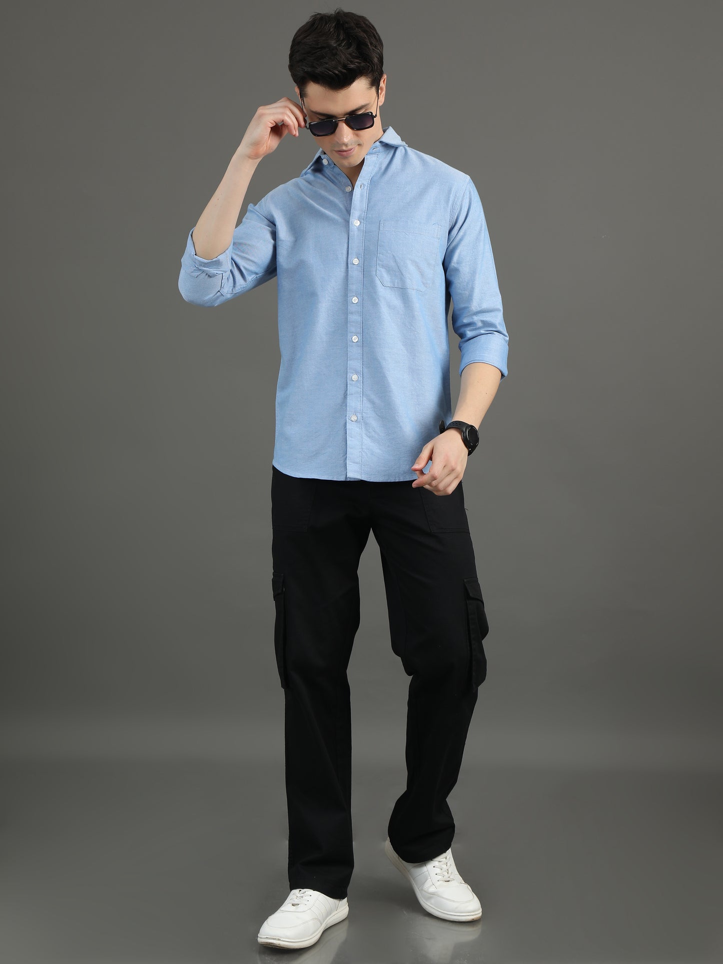 2Dudes Solid Blue Full Sleeves Collor Neck Cotton Shirt