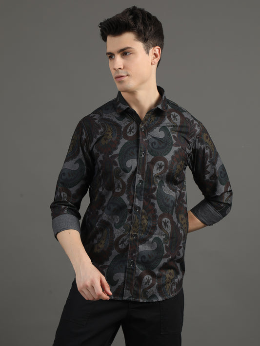 2Dudes Printed Grey Full Sleeves Collor Neck Cotton Shirt
