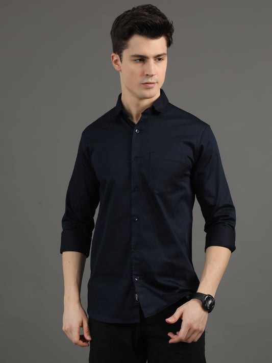 2Dudes Solid Navy Blue Full Sleeves Collor Neck Cotton Shirt