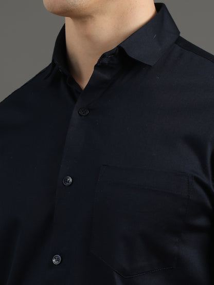 2Dudes Solid Navy Blue Full Sleeves Collor Neck Cotton Shirt