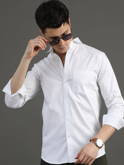 2Dudes Solid White Full Sleeves Collor Neck Cotton Shirt