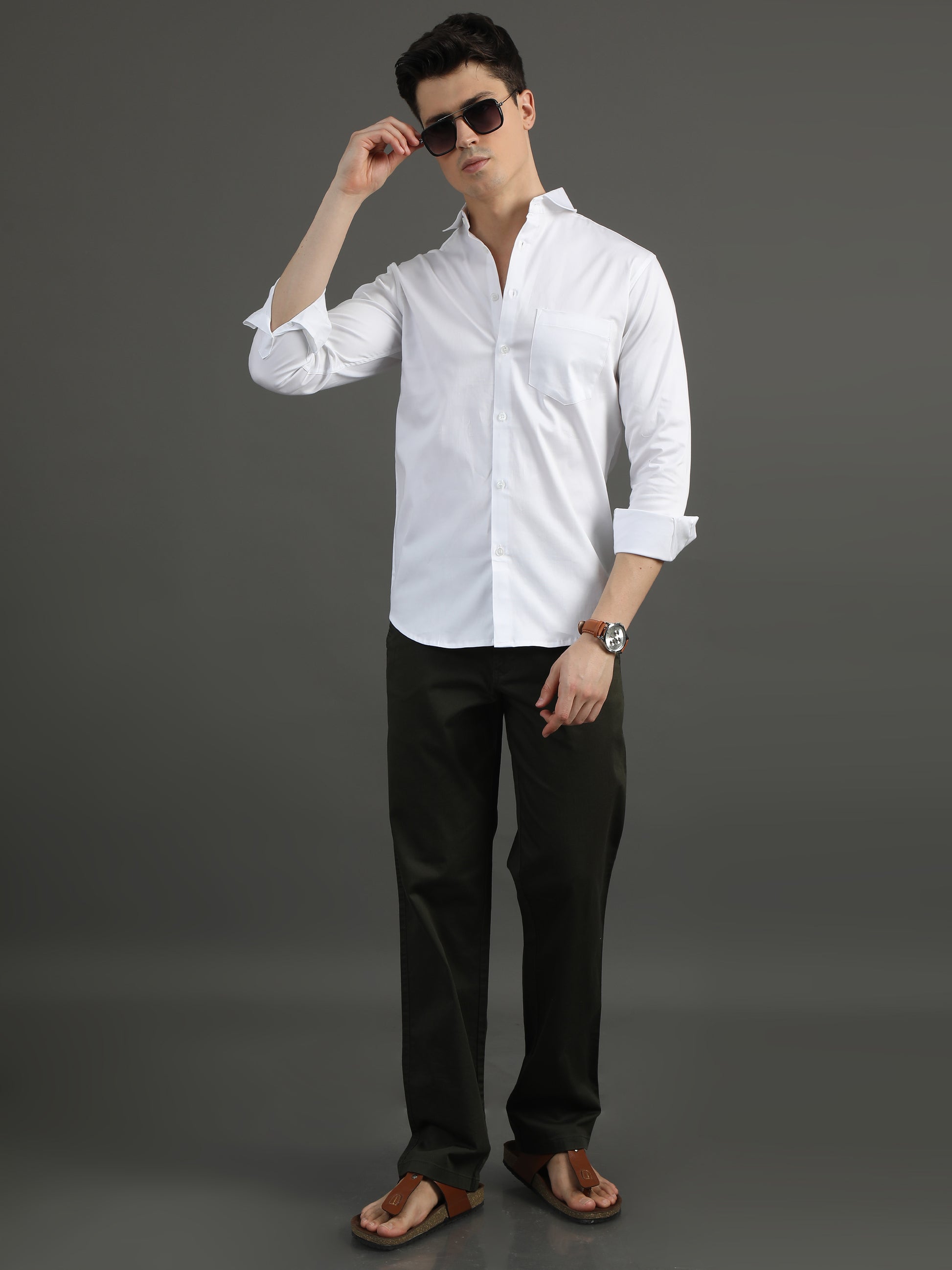 2Dudes Solid White Full Sleeves Collor Neck Cotton Shirt