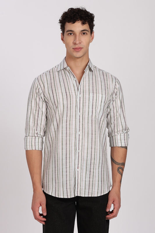 White Multi-Stripe Linen Full Sleeve Shirt