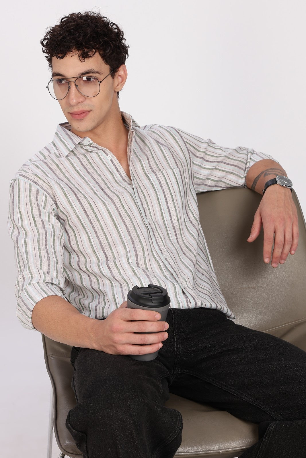 White Multi-Stripe Linen Full Sleeve Shirt