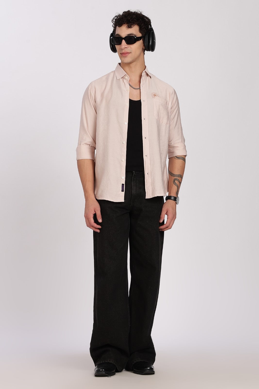 Sand Beige Floral Embroidered Linen Full Sleeve Shirt