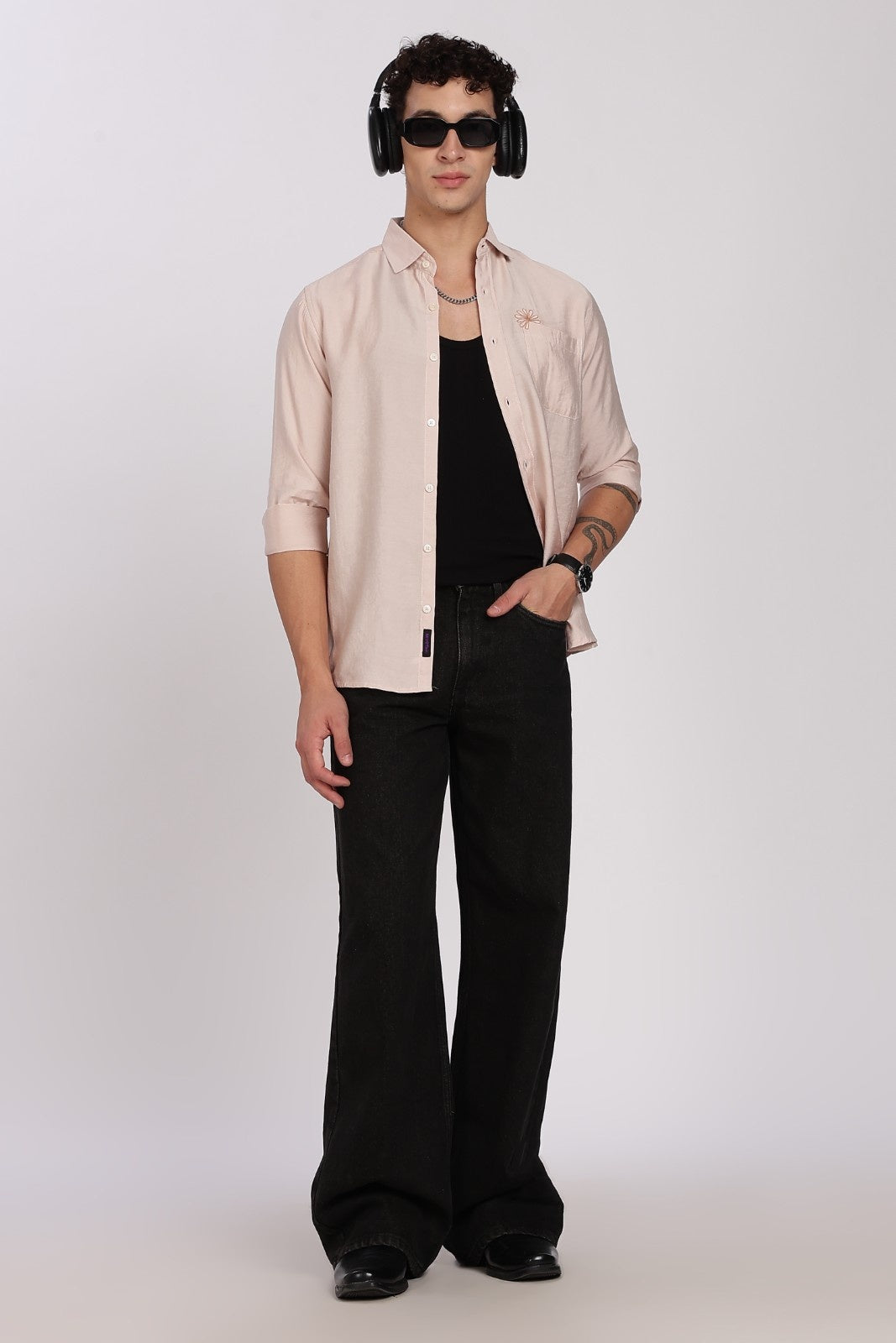 Sand Beige Floral Embroidered Linen Full Sleeve Shirt