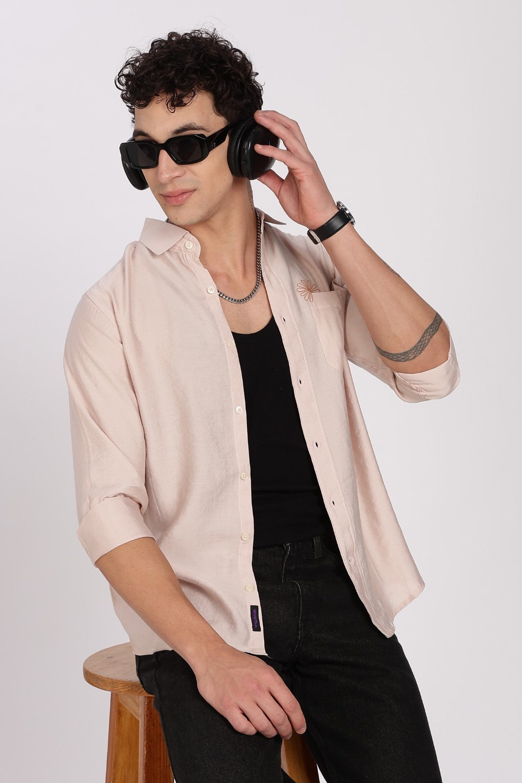Sand Beige Floral Embroidered Linen Full Sleeve Shirt