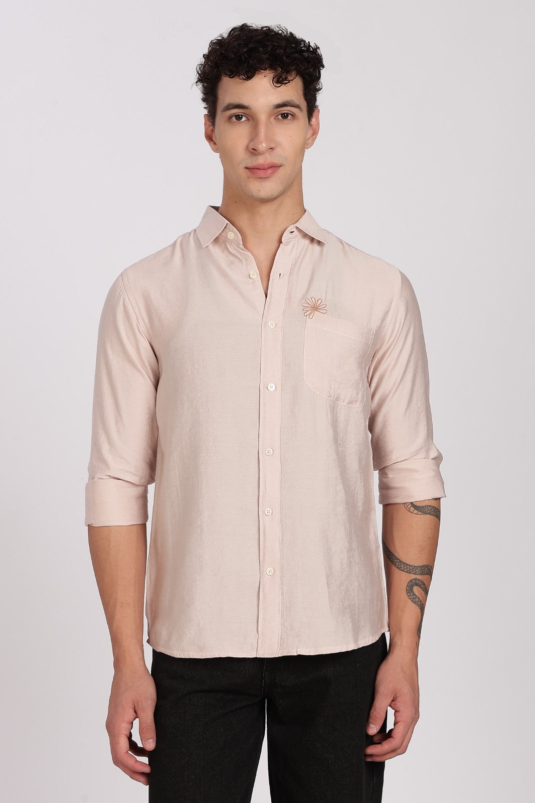 Sand Beige Floral Embroidered Linen Full Sleeve Shirt