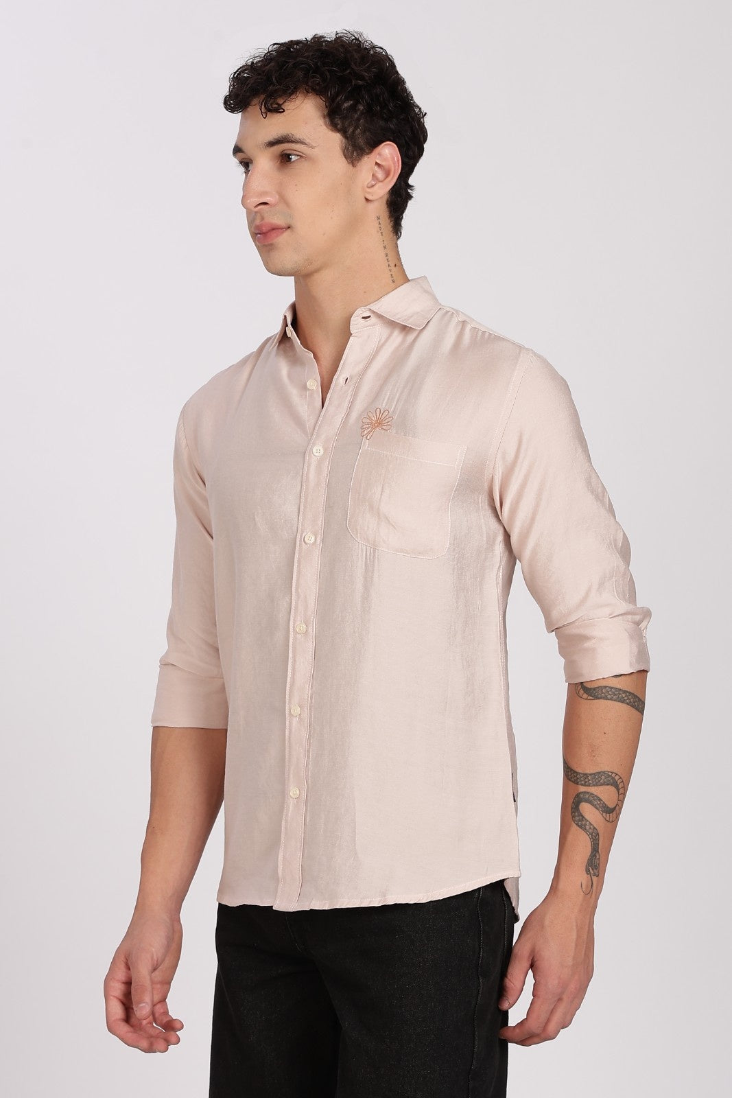 Sand Beige Floral Embroidered Linen Full Sleeve Shirt