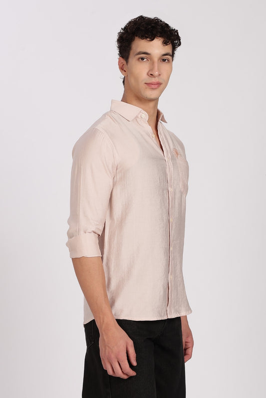 Sand Beige Floral Embroidered Linen Full Sleeve Shirt