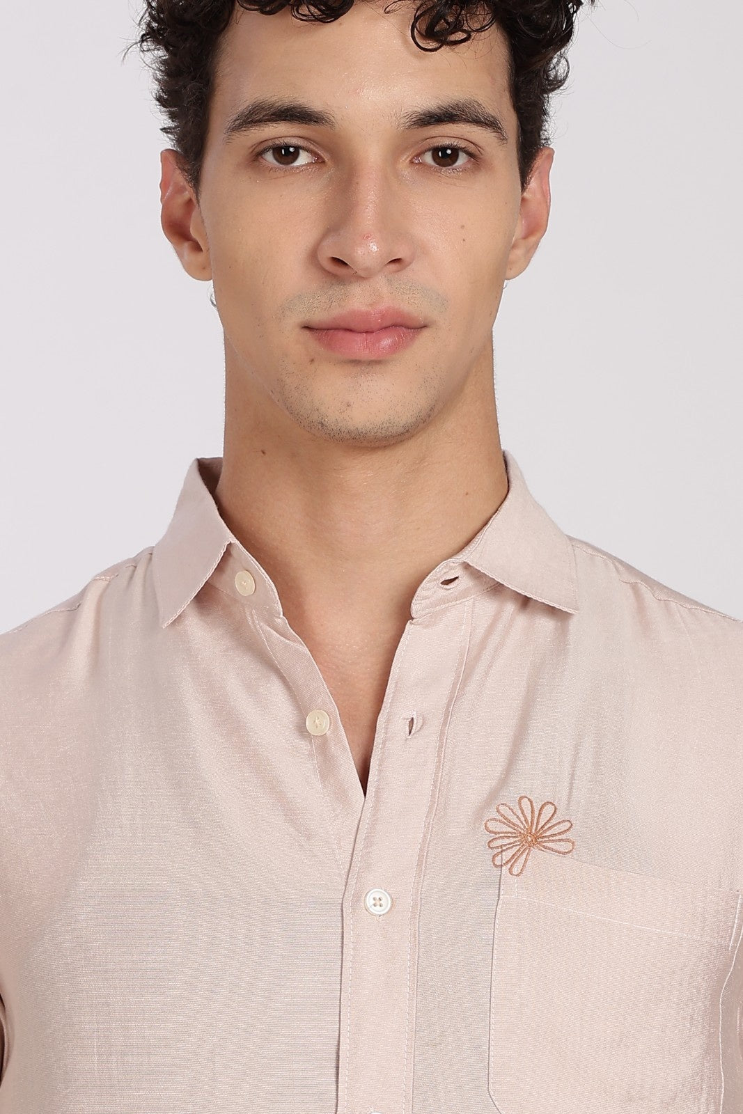 Sand Beige Floral Embroidered Linen Full Sleeve Shirt