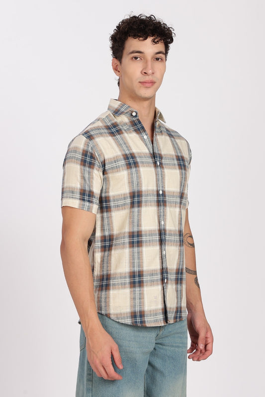 Cream Madras Plaid Half Sleeve Shirt
