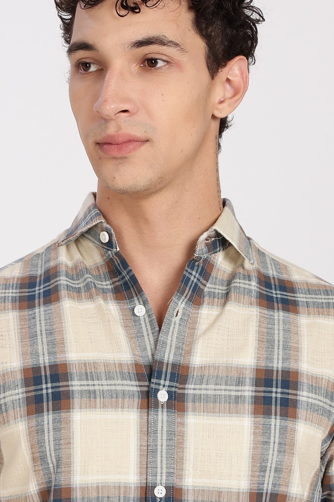 Cream Madras Plaid Half Sleeve Shirt