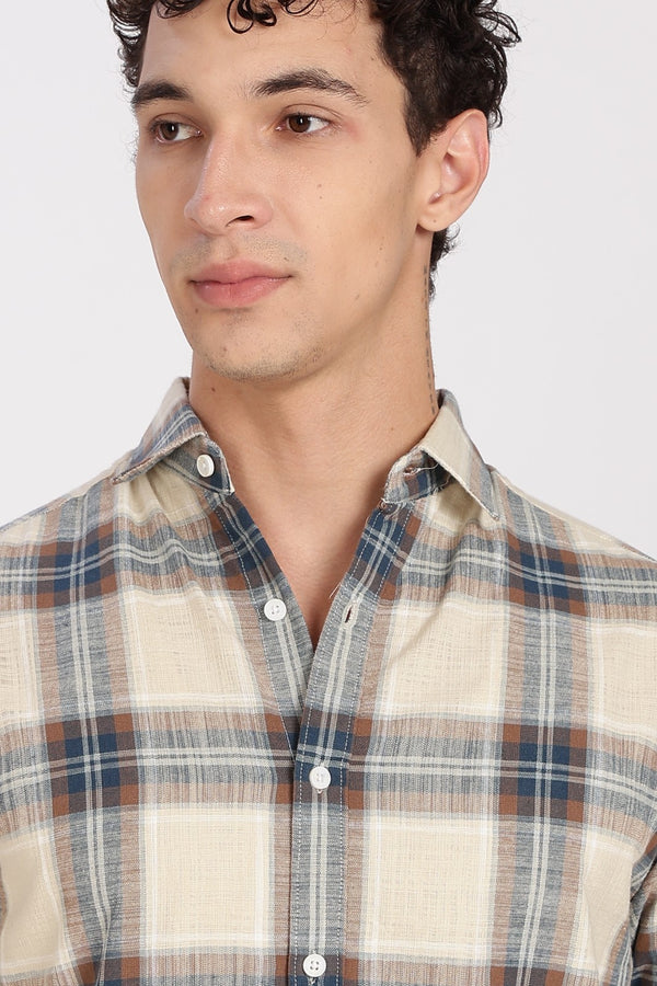 Cream Madras Plaid Half Sleeve Shirt