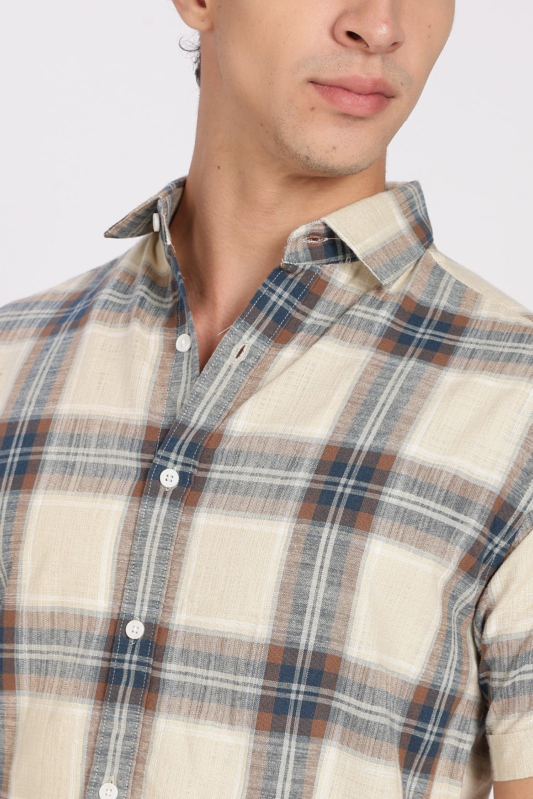 Cream Madras Plaid Half Sleeve Shirt